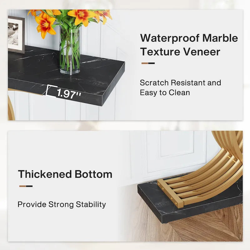 Black/ Gold Modern Sofa Table with Faux Marble Tabletop, 39 Inches Wood Foyer Table with Geometric Metal Legs for Entryway