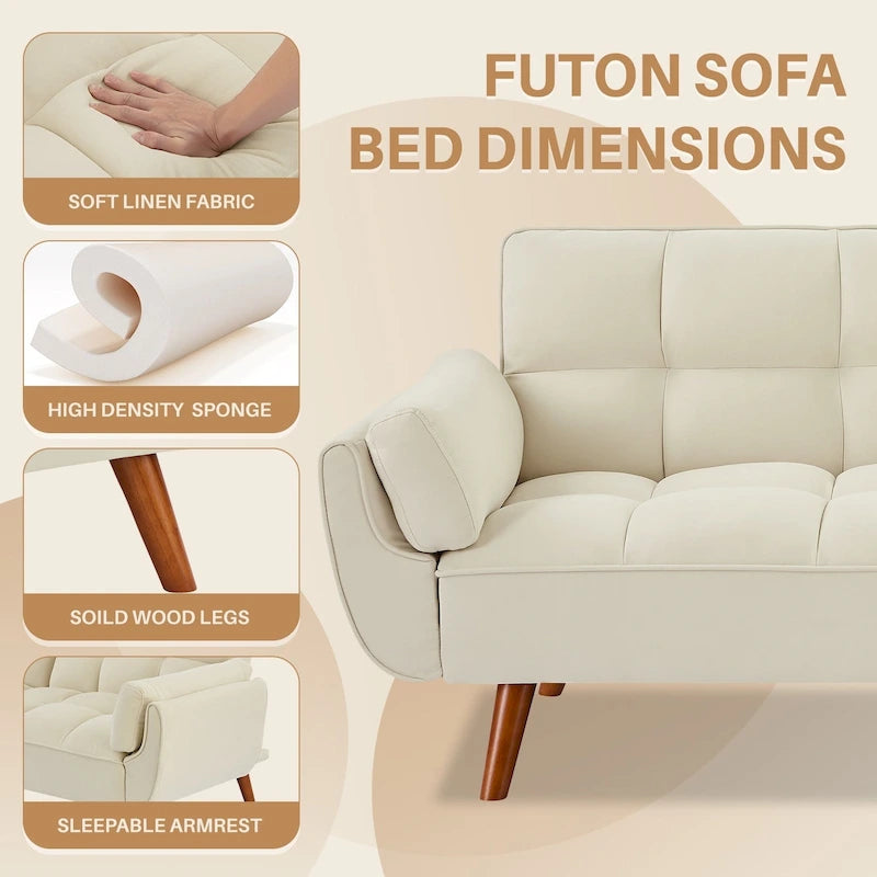 75.39 INCH Futon Sofa Bed, Convertible Folding Futon Couch Recliner Lounge For Living Room With 2 Pillow/Armrest