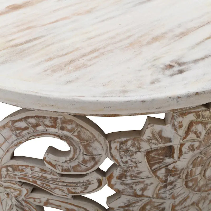 Alina Coffee Table Handcrafted Mango Wood Floral Carved Cut Out Design Distressed White Finish 33 Inch