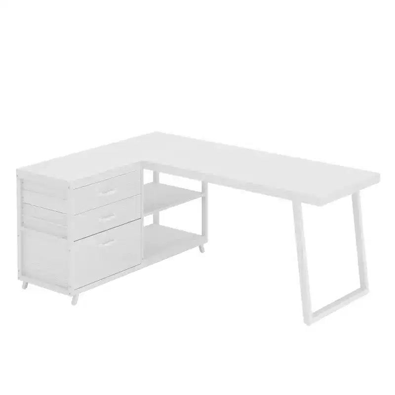 Reversible L-Shaped Desk with 3 Drawers & Open Shelves - Rustic Home Office
