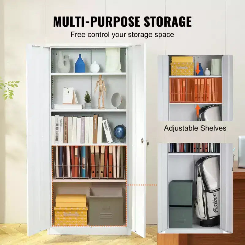 VEVOR Metal Storage Cabinet, Steel Locking Storage Cabinet with 2 Magnetic Doors and 4 Adjustable Shelves,71 Metal Cabinet 200 lbs Capacity, White