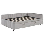 Upholstered Daybed with Twin Size Pop Up Trundle, Full Size Daybed Frame Sofa Bed with L-Shaped Backrest and Striped Design