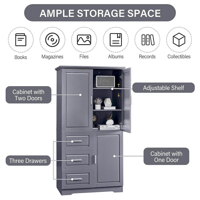 Tall and Wide Storage Cabinet with Doors for Bathroom, Three Drawers