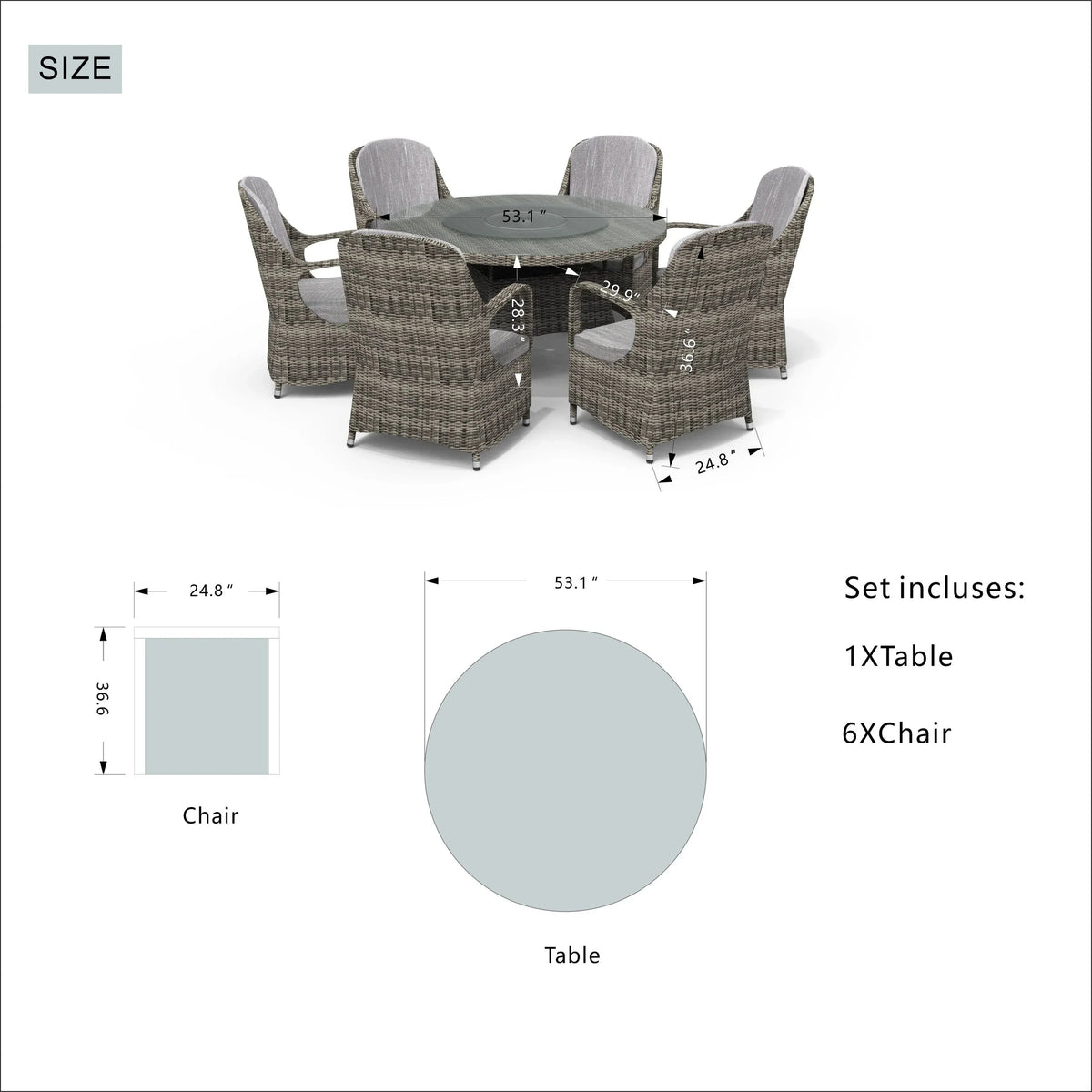7 Pieces Outdoor Rattan Wicker Patio Round Dining Set with Cushions by Moda Furnishings