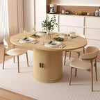 Dyonery 63 Extendable Round Kitchen Dining Room Table with 2-Tier Storage Shelf, with Pedestal Base, Wood Oval Circle Dinner Furniture, Walnut