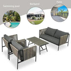 4 PCS Outdoor Rope Patio Set for 4 with Cushions and Glass Table