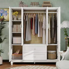 White Wood 61.42 in. Armoire with 2 Drawers, Hanging Rod and Shelves