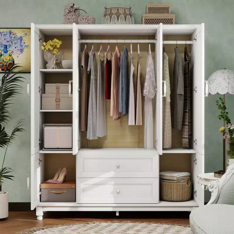 White Wood 61.42 in. Armoire with 2 Drawers, Hanging Rod and Shelves
