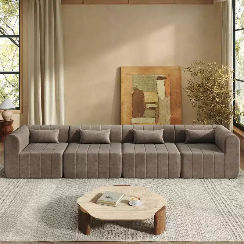 145.5 Modern Convertible Sectional Sofa, Upholstered 4-Seater Sectional Sofa with Compressed Sponge, Living Room L-Shaped Sofa-Panipeachy