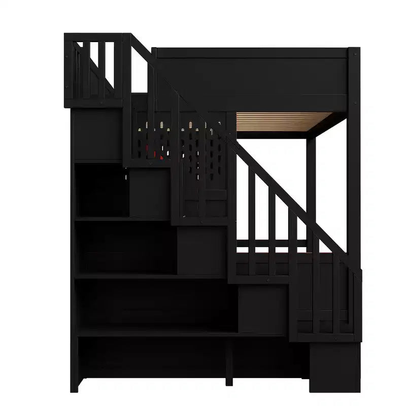 Whisen Full Size Gaming Loft Bed Frame with Desk and Storage Staircase - Red & Black