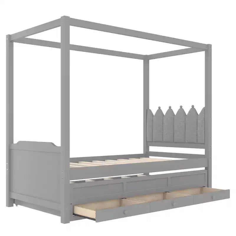 Twin/Full Size Platform Bed with Trundle, Princess Wood Canopy Bed with 3 Drawers, Storage Bed with Upholstered Headboard for Bedroom
