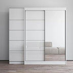 2-Door Wardrobe with Mirror, Glass Front, 2-Person (Gray / Black / White)