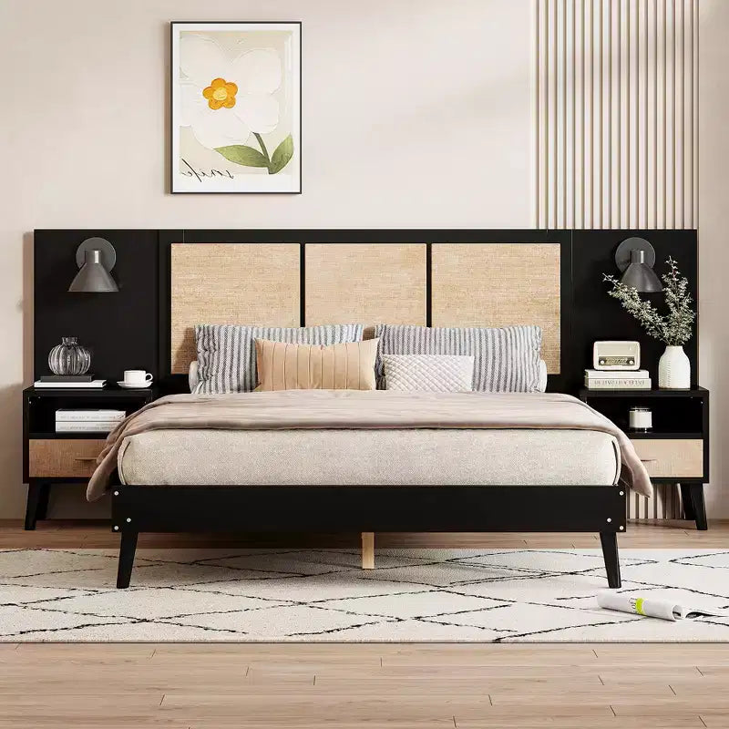 Queen Size Solid Wood Bed Frame with 2 Nightstands, Elegant Rattan and Wood Combination Platform Bed with Lamps - ModernLuxe