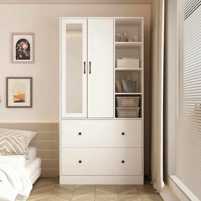 Wardrobe Clo Armoire wi/Mirror & Scalable Hanging Rod Space Saving