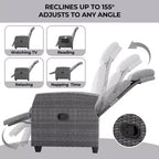 Indoor Outdoor Wicker Recliner Chair with Flip-Up Table Air Pump 155 Lay Flat, Adjustable Wicker Lounge Recliner Chair with Backrest and Footrest