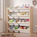 VECELO Kids Bookshelf Toy Storage with 12 Bins, Wooden Toy Rack for Toddlers, Large-Capacity Playroom Storage for Books or Toys