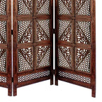 Benzara Traditional Four Panel Wooden Room Divider with Hand Carved Details Antique Brown