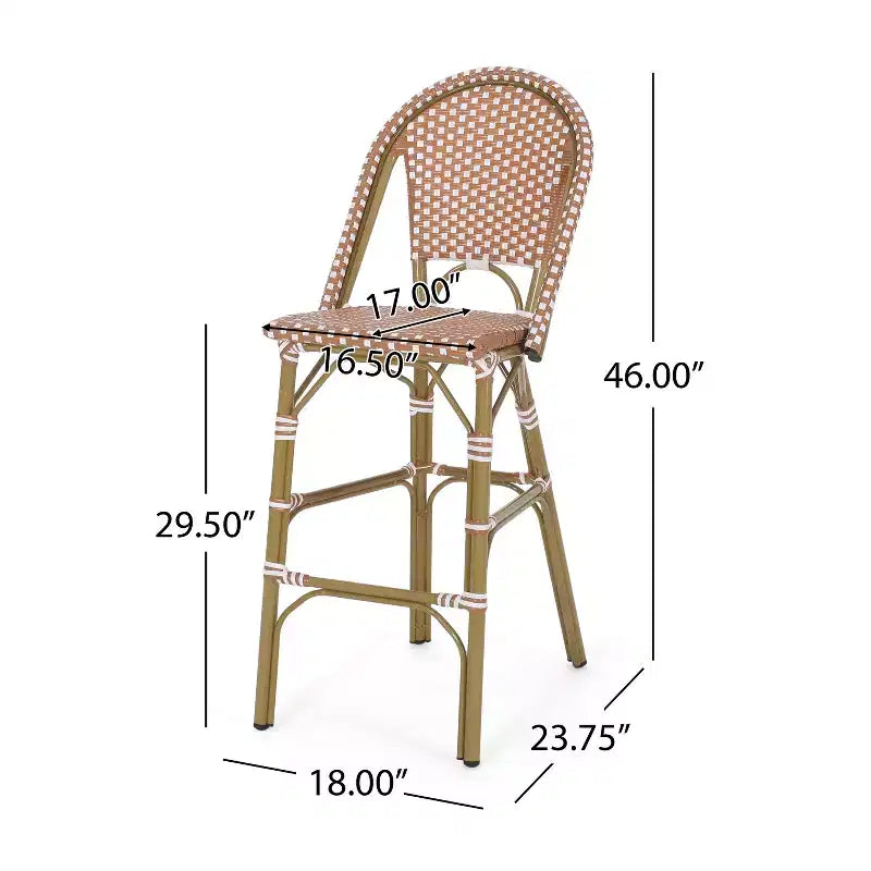 sumyeg 29.5 Outdoor French Bistro Bar Stools Set of 2, PE Rattan Wicker with Aluminum Frame, Bamboo Look Finish, Rust Red & White
