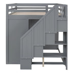 Gray Full Size Wood Loft Bed with Wardrobes, Drawers and Storage Staircase
