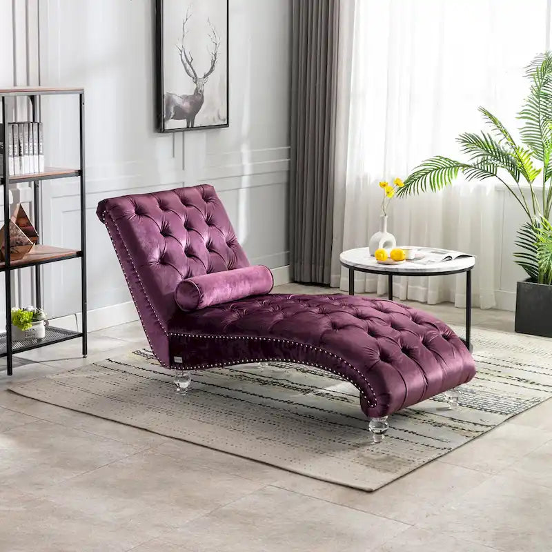 Purple Upholstered Tufted Chaise Lounge Chair with Pillow and Acrylic Legs
