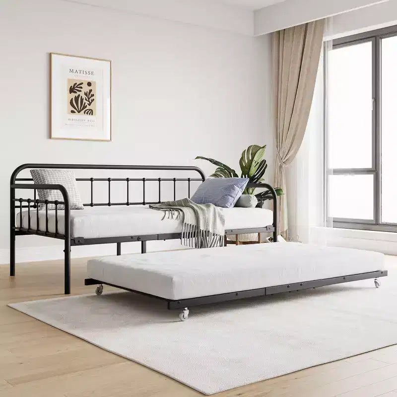 MAYEERTY Twin Size Metal Daybed Frame with Trundle, Heavy Duty Sofa Bed Platform, No Box Spring Needed, Black