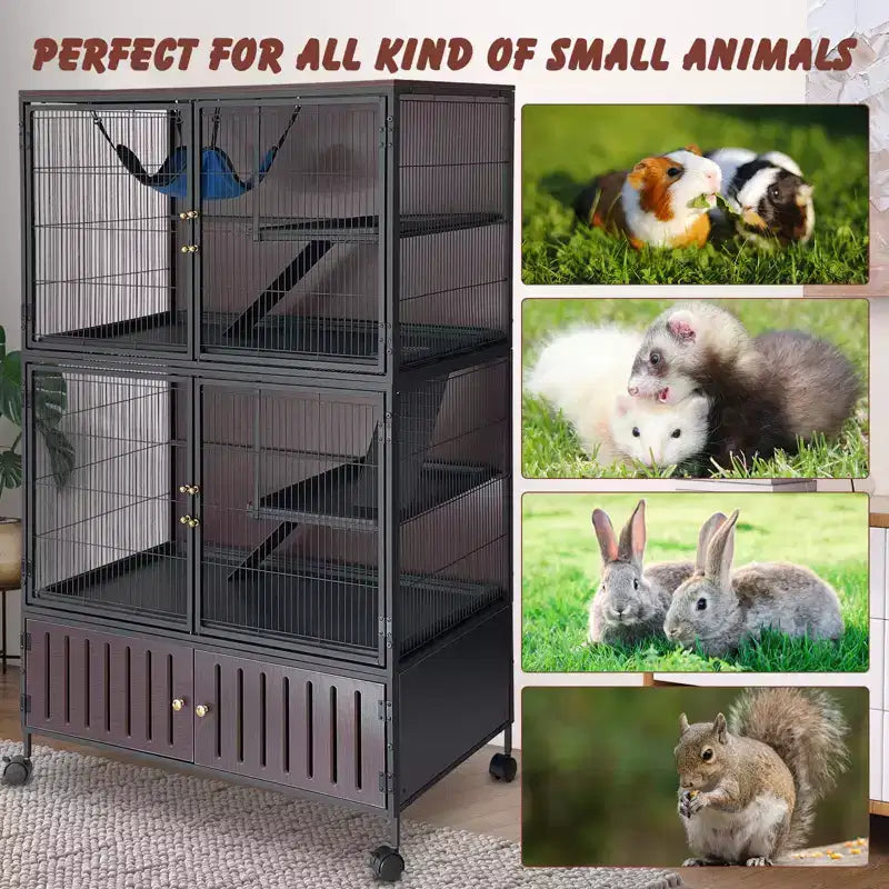 Small Animal Cage, Ferret Cage - 59 5-Tier Habitat with Storage Cabinet, Includes Hammock/Wheels/Removable Ramps/Easy-Clean Trays