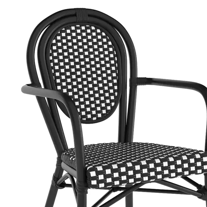Flash Furniture 4 Pack Lourdes Indoor/Outdoor Commercial Thonet Bistro Stacking Chair with Arms, PE Rattan and Aluminum Frame
