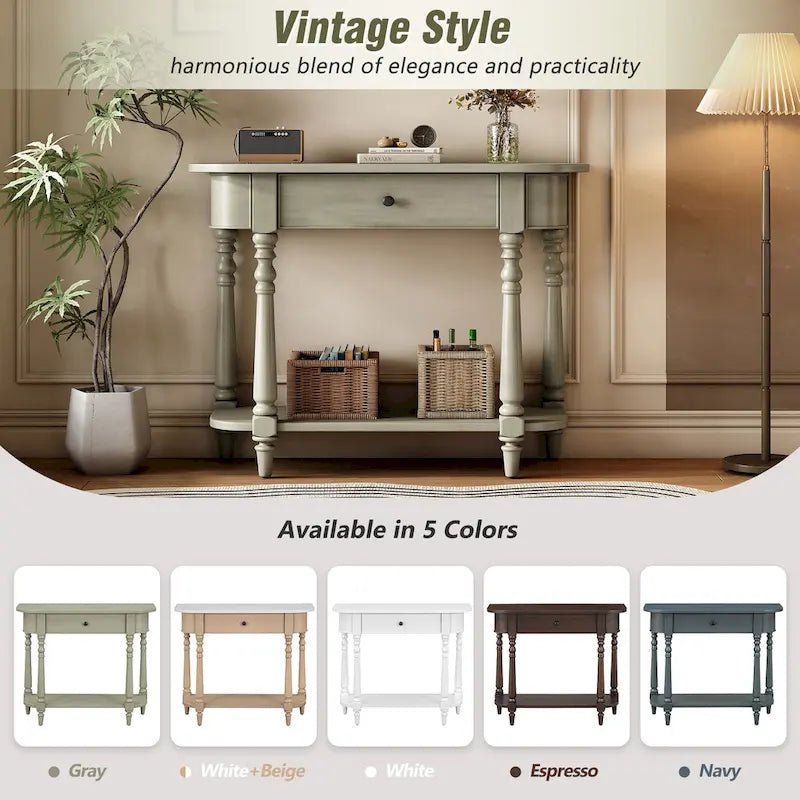 Retro Narrow Console Table with Curved Corner, Top Drawer & Open Shelf
