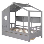 Whisen Twin Size House Bed & Kids Bed, Playhouse Bed with 2 Drawers, Storage Shelf
