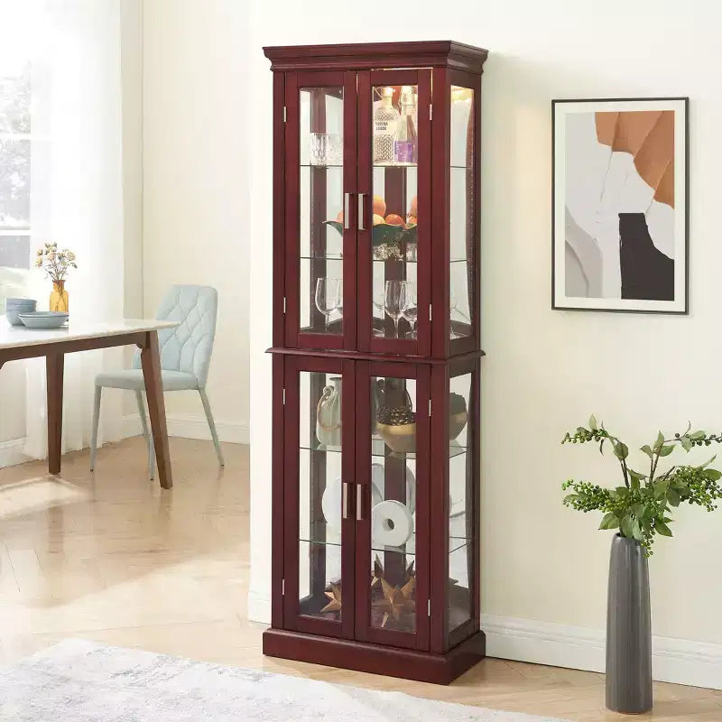 Display Cabinet, Curio Cabinet with 6 Adjustable Shelves and Tempered Glass Doors, Tall Cabinet for Living Room, Bedroom