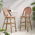 sumyeg 29.5 Outdoor French Bistro Bar Stools Set of 2, PE Rattan Wicker with Aluminum Frame, Bamboo Look Finish, Rust Red & White