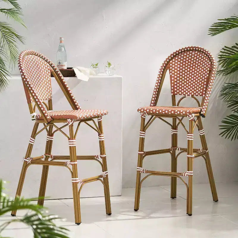 sumyeg 29.5 Outdoor French Bistro Bar Stools Set of 2, PE Rattan Wicker with Aluminum Frame, Bamboo Look Finish, Rust Red & White