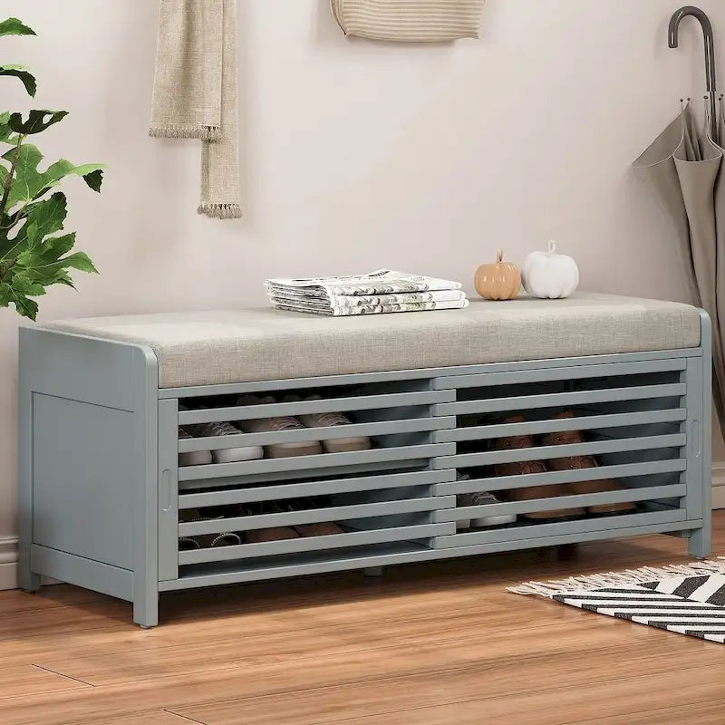 43.30 Solid Wood Storage Bench with Contemporary Distressed Blinds