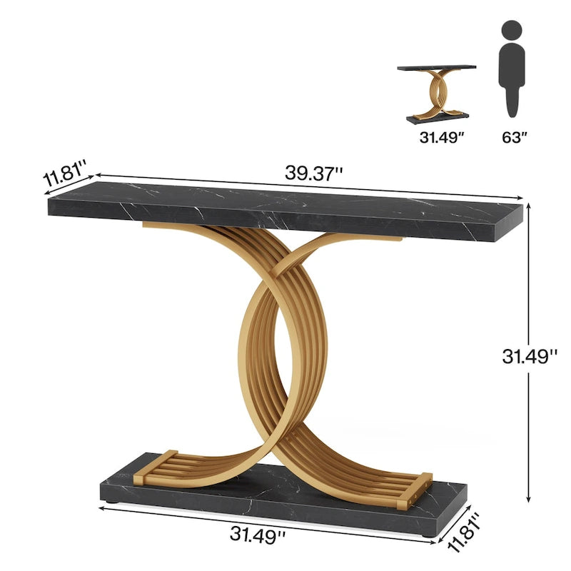 Black/ Gold Modern Sofa Table with Faux Marble Tabletop, 39 Inches Wood Foyer Table with Geometric Metal Legs for Entryway