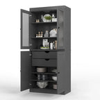 100% Solid Wood Pantry Cabinet with Frosted Glass Doors, Solid Doors, 2-Drawers and Adjustable Shelves