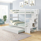 Twin over Twin Bunk Beds With Twin Trundle and Stairway Storage Function in Grey Color