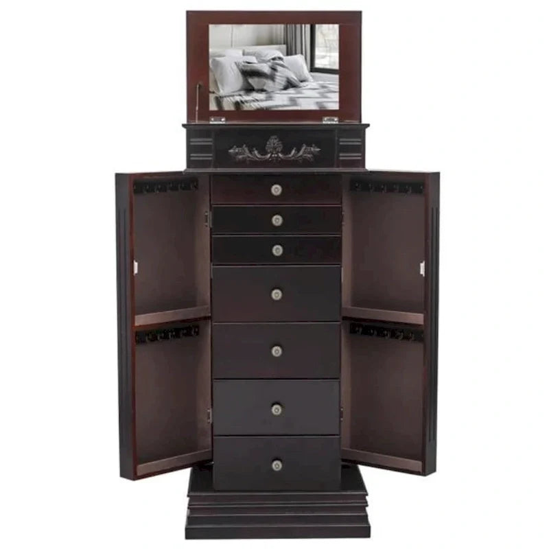 Stylish Jewelry Armoire with Mirror and Necklace Hooks - 18.5 x 12 x 42