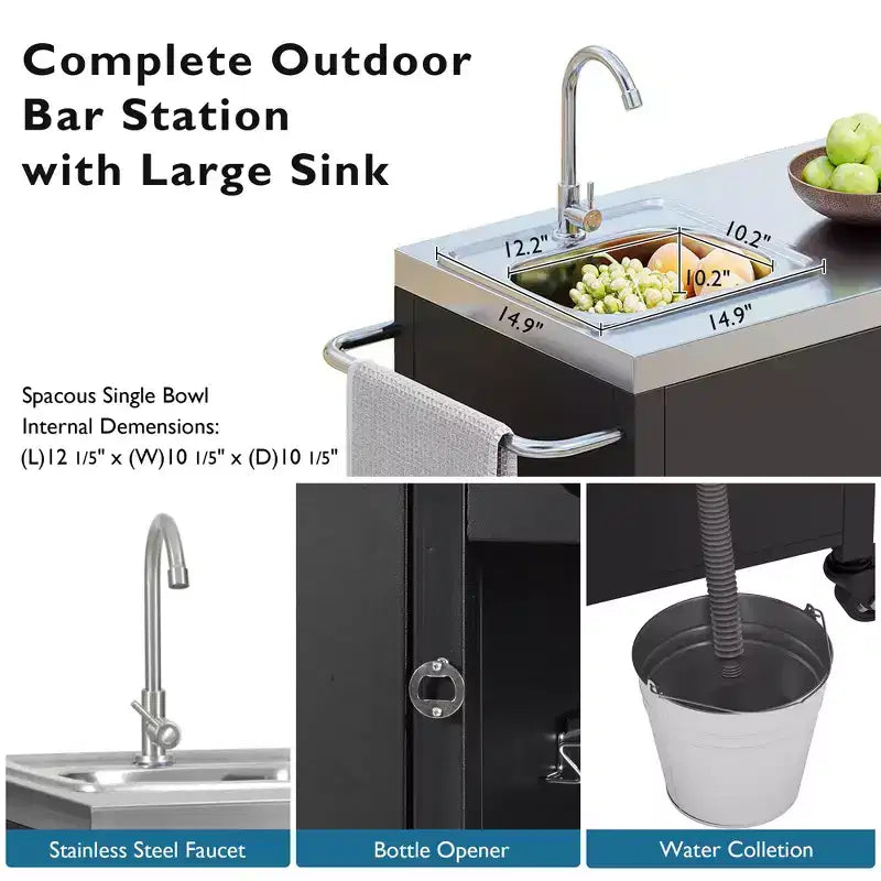 55.5 Outdoor Kitchen Island with Sink, Stainless Steel Prep Table with Spice Rack & Lockable Wheels, BBQ Grill Cart Station, Black - ModernLuxe