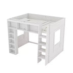 Whisen Queen Size Wooden Loft Bed Frame with Storage Cabinets and Shelves