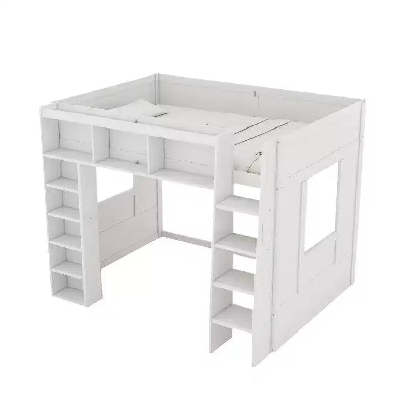 Whisen Queen Size Wooden Loft Bed Frame with Storage Cabinets and Shelves