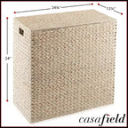 Casafield 2-Section Laundry Hamper with Lid and Removable Liner Bags, Woven Water Hyacinth Laundry Basket Sorter for Clothes