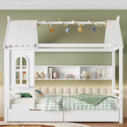 House Platform Bed with Storage Drawers and Window, Solid Wood Frame with Shelves, Childlike Fun Design, Light White