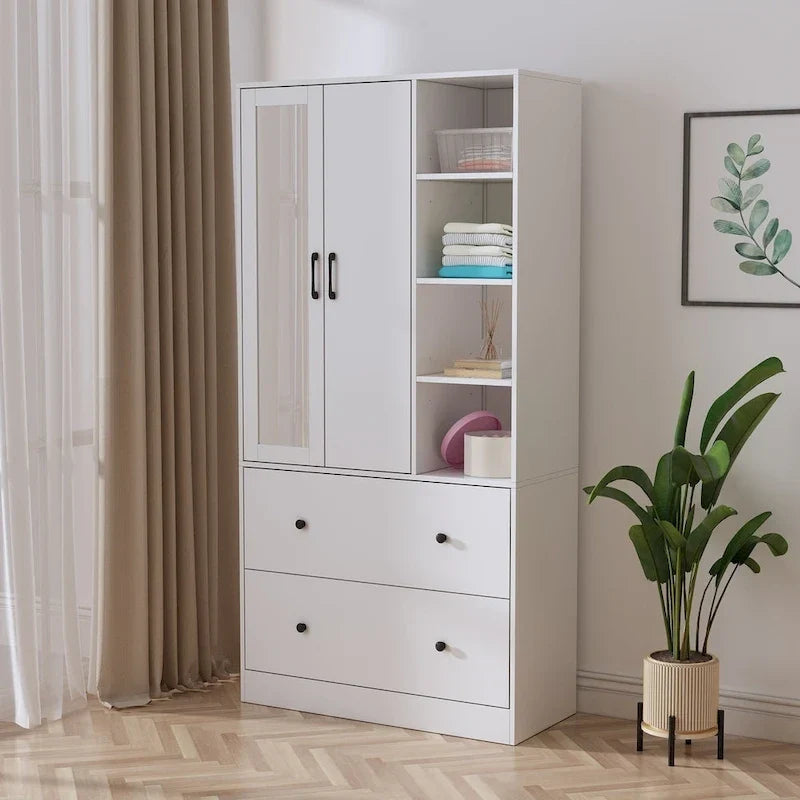 Wardrobe Clo Armoire wi/Mirror & Scalable Hanging Rod Space Saving