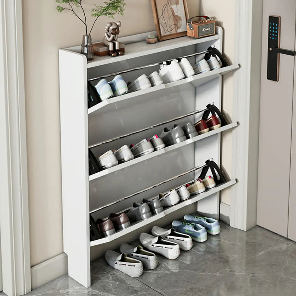 3-Tier White Wood Shoe Cabinet with Drop Front