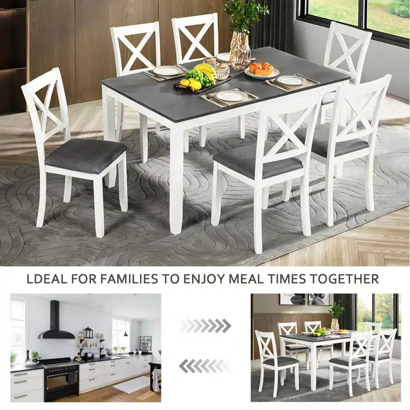 GDFStudio Loren Modern 7-Piece Solid Wood Upholstered Dining Table and Chairs Set