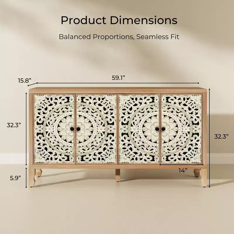 Buffet Cabinet with Storage, Distressed Storage Cabinet with 4 Carved Doors and Adjustable Shelf, Wooden Accent Sideboard Buffet Cabinets