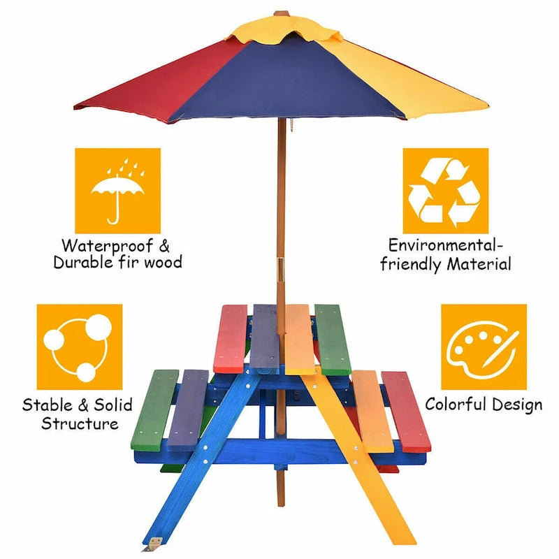 Costway 4 Seat Kids Picnic Table w/Umbrella Garden Yard Folding