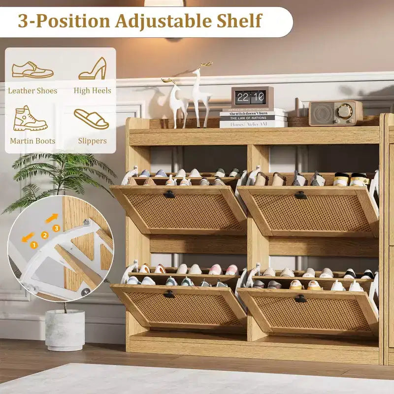 Shoe Storage Cabinet with 4 Flip Drawers, Wood Shoe Cabinet with Rattan Doors and Adjustable Shelves- Freestanding Shoe Organizer