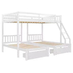 Full Over Twin & Twin Bunk Bed for 3, Wooden Triple Bunk Bed with 2 Storage Drawers, can be Divided into 3 Separate Beds