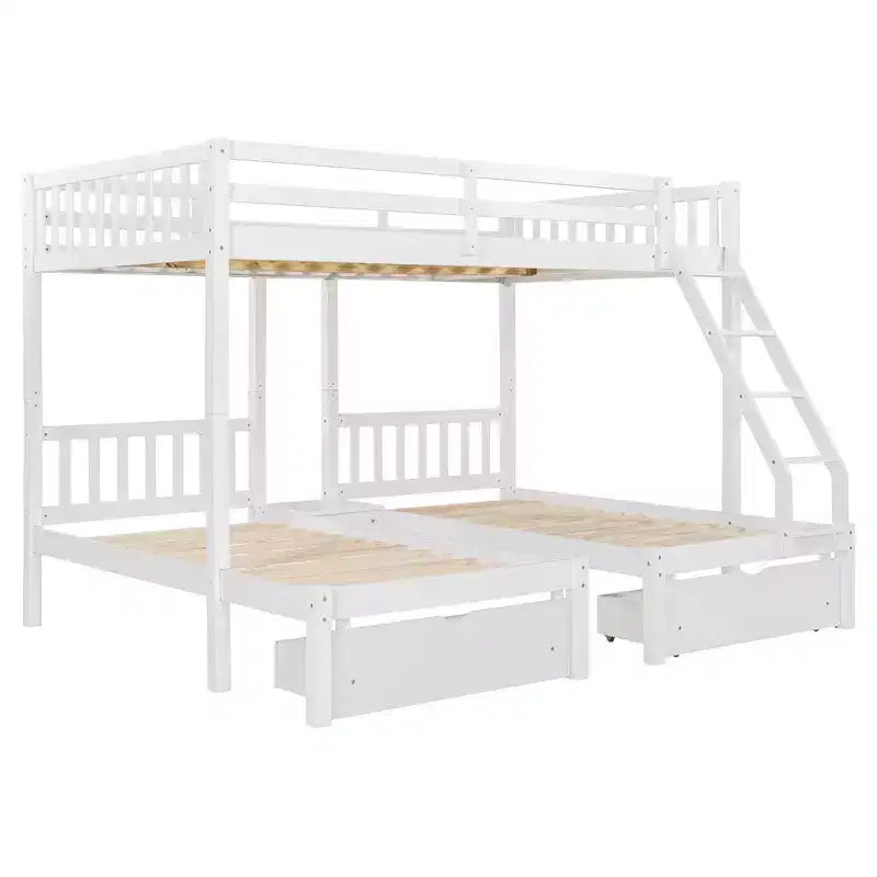 Full Over Twin & Twin Bunk Bed for 3, Wooden Triple Bunk Bed with 2 Storage Drawers, can be Divided into 3 Separate Beds